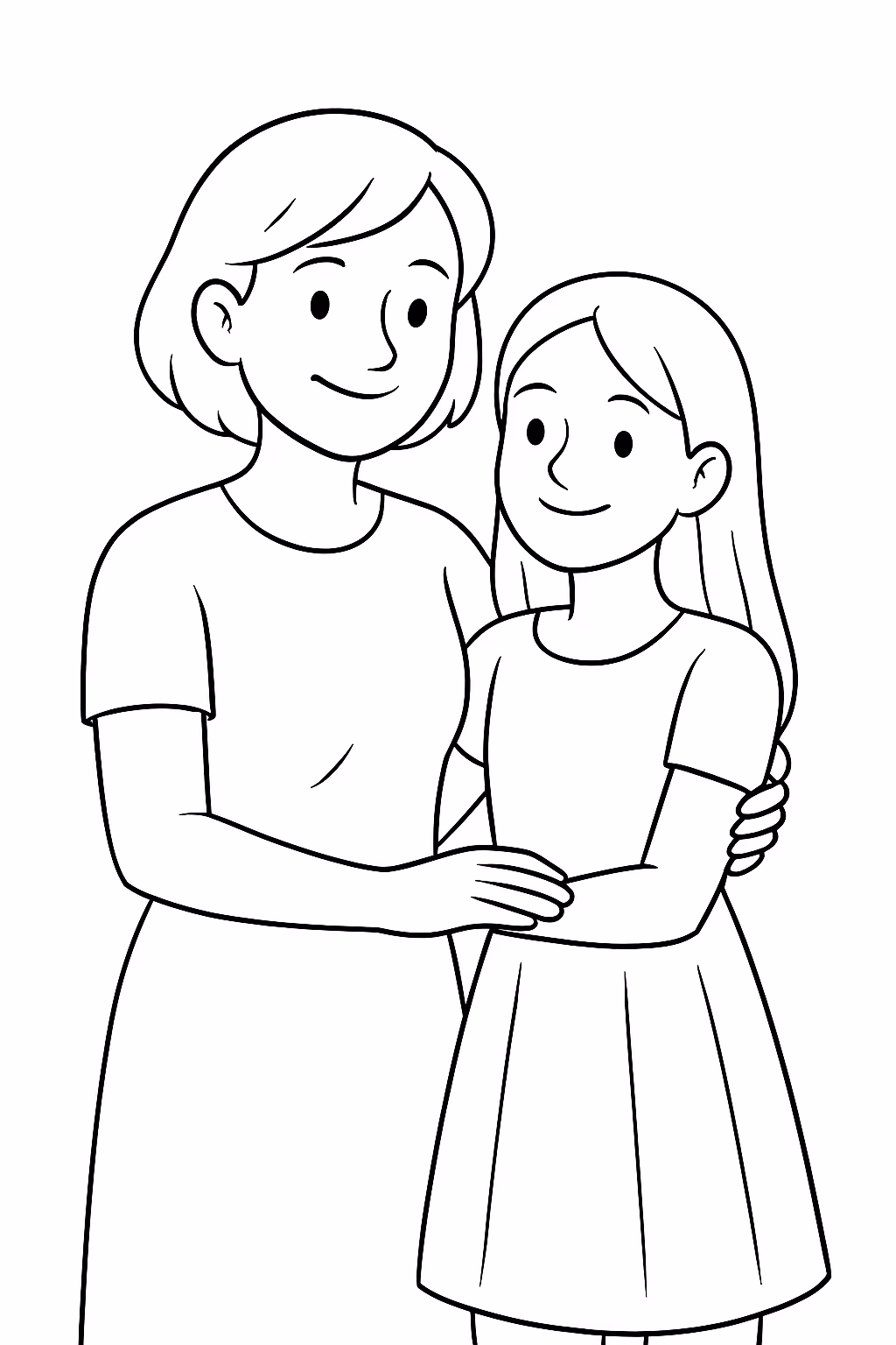 Mae do cabelo curto e filha adulta de vestido para colorir — desenho para imprimir