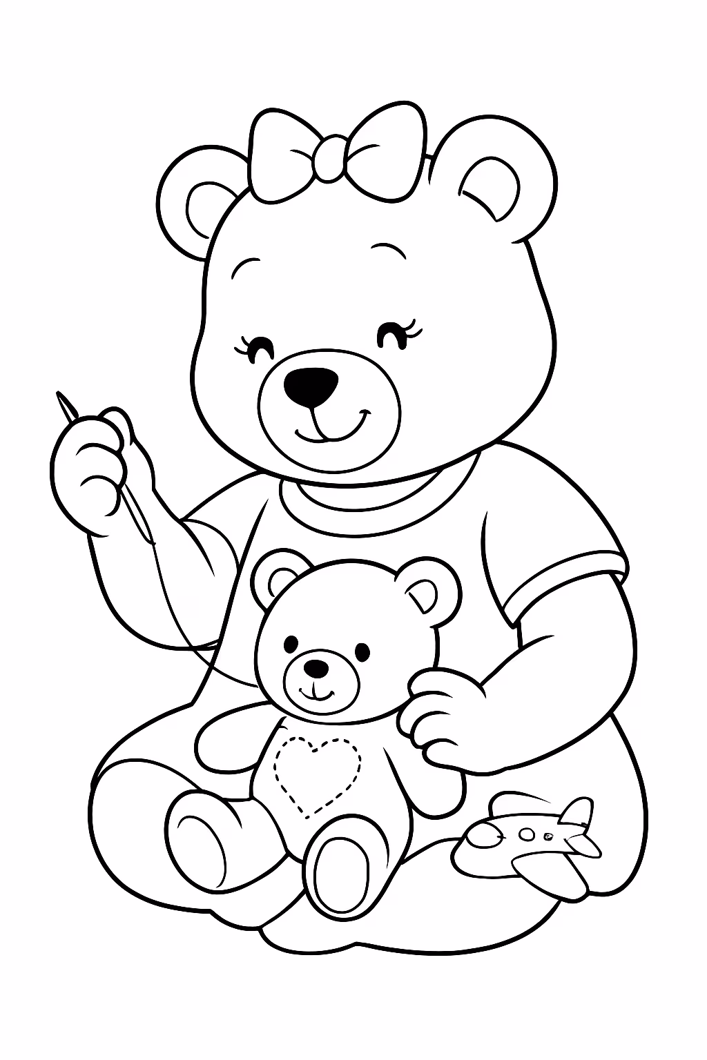 Mae fofa bordando um ursinho com um aviazinho na mao para colorir — desenho para imprimir