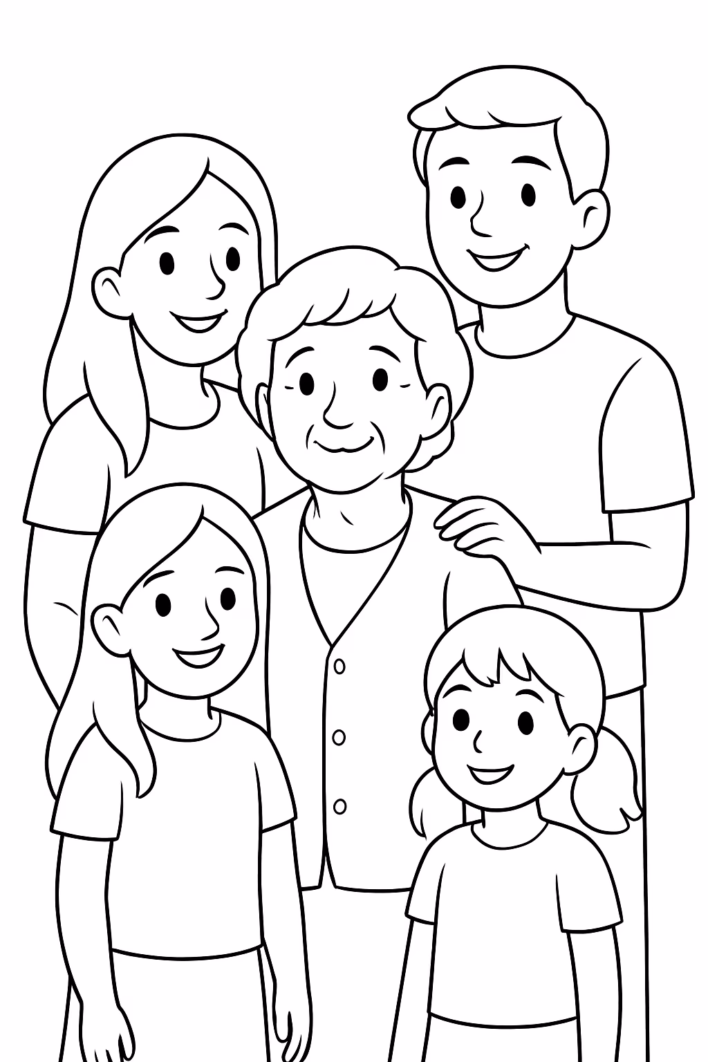Mae idosa com duas filhas mulheres um filho homem e para colorir — desenho para imprimir