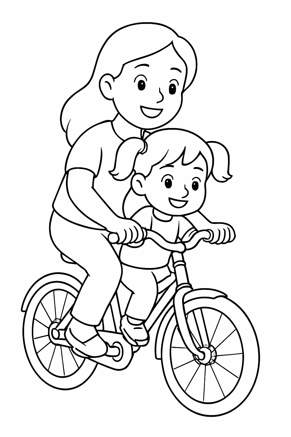 Mae pai e filha andando de bicicleta para colorir — desenho para imprimir