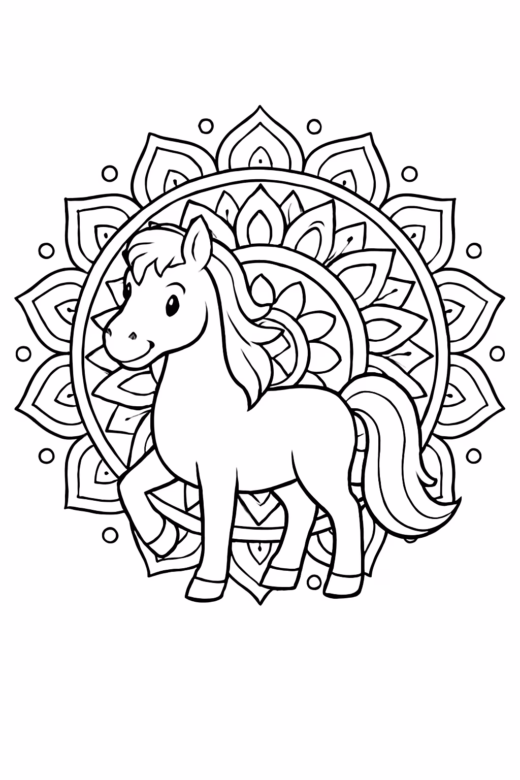 Mandala com cavalo para colorir — desenho para imprimir