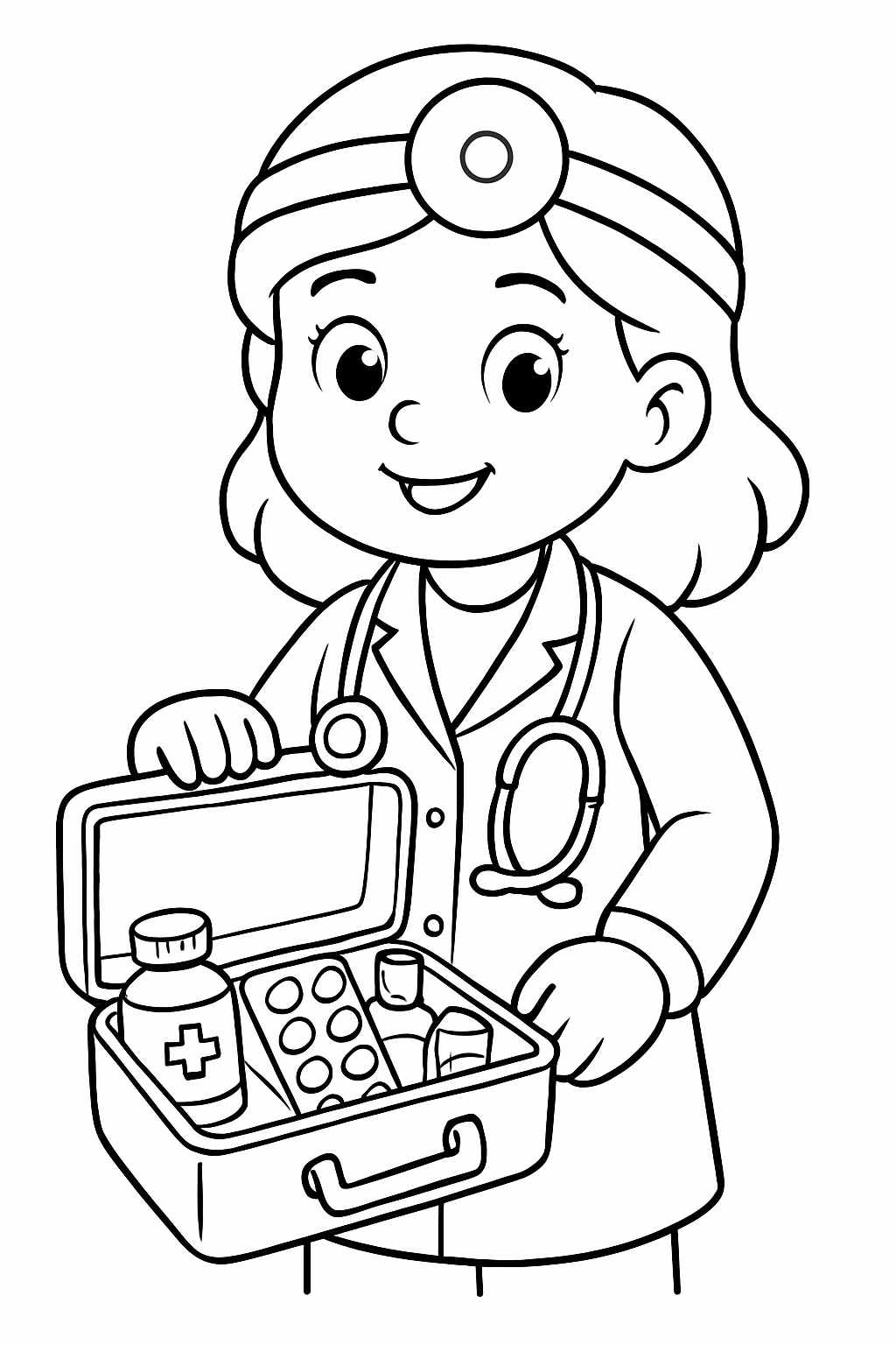Medica com a mala de medicamentos aberta para colorir — desenho para imprimir