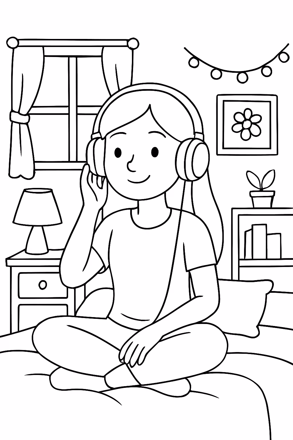 Menina adolescente com fone em seu quarto bem fofo para colorir — desenho para imprimir