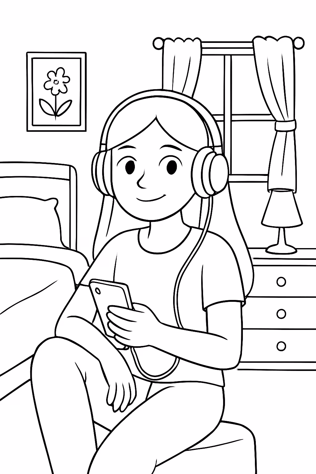 Menina adolescente com fone em seu quarto para colorir — desenho para imprimir