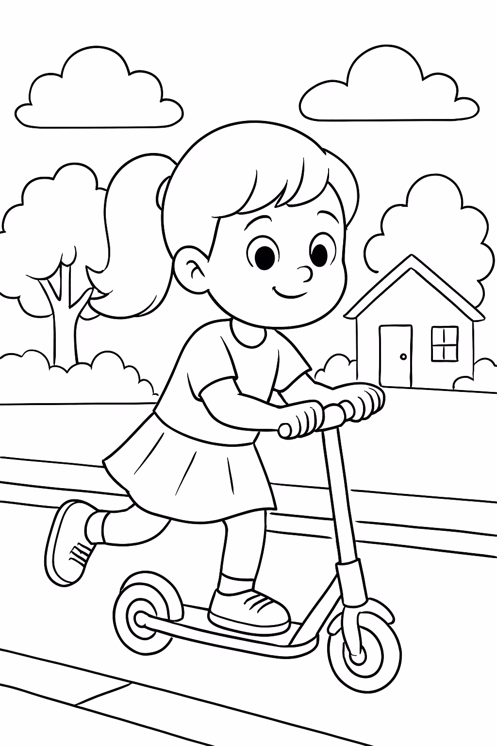 Menina andando de carrinho de rolema na rua para colorir — desenho para imprimir