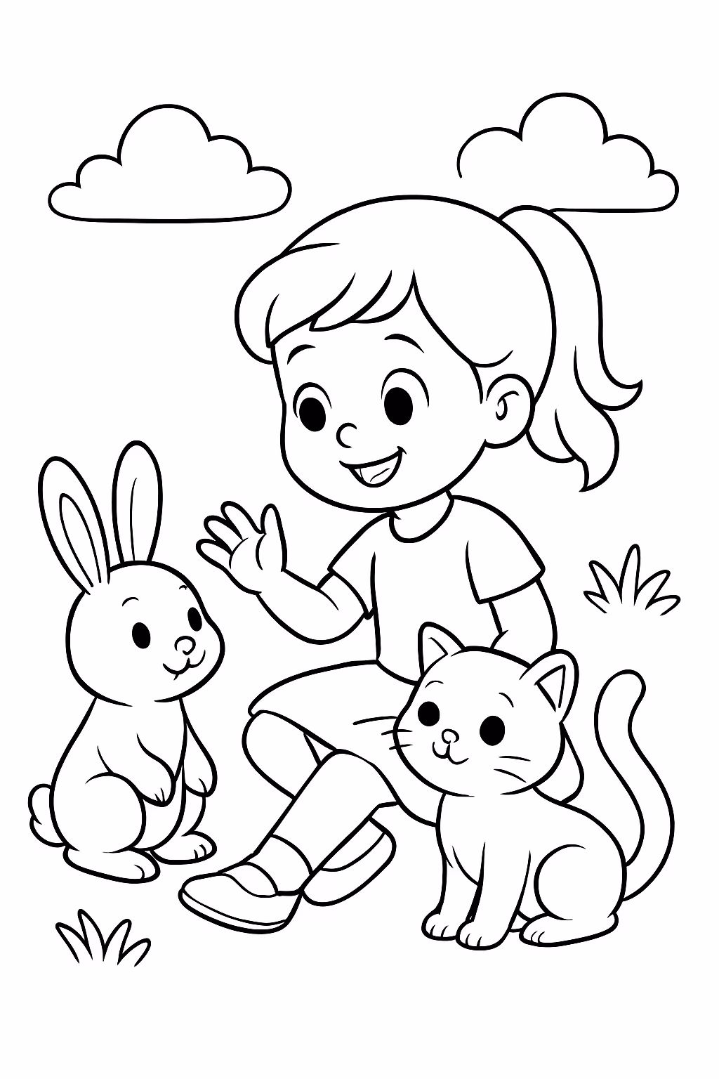 Menina brincando com animais para colorir — desenho para imprimir
