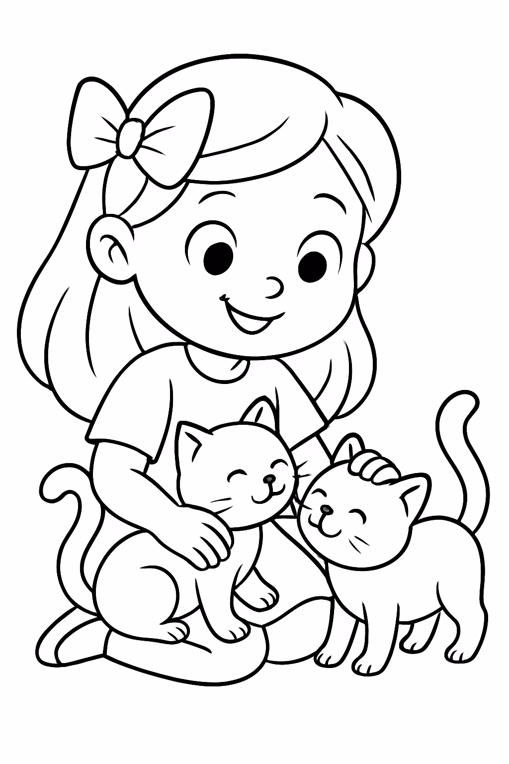 Menina brincando com gatinhos carinhosos para colorir — desenho para imprimir