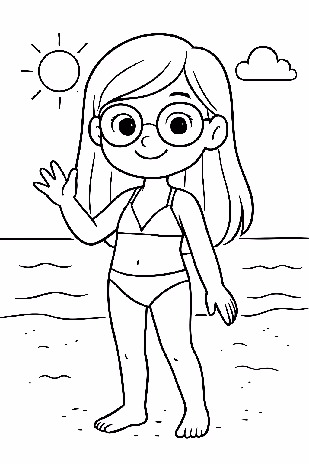 Menina cabelo cumprido de oculos e biquini na praia para colorir — desenho para imprimir