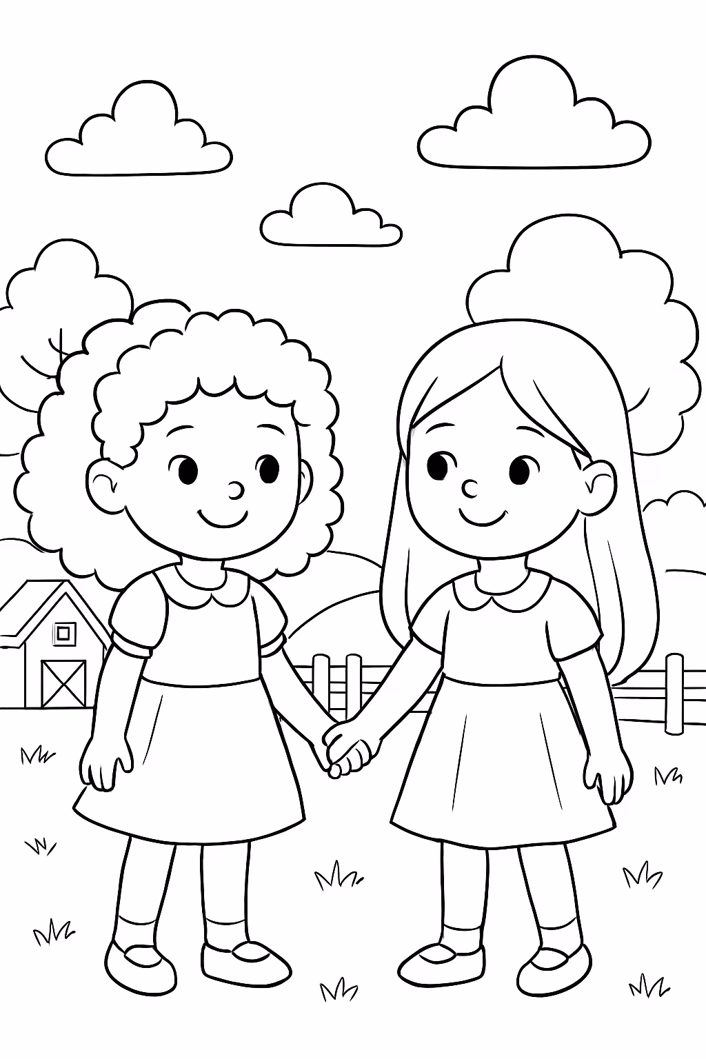 Menina cacheada menor que a menina de cabelo longos com para colorir — desenho para imprimir