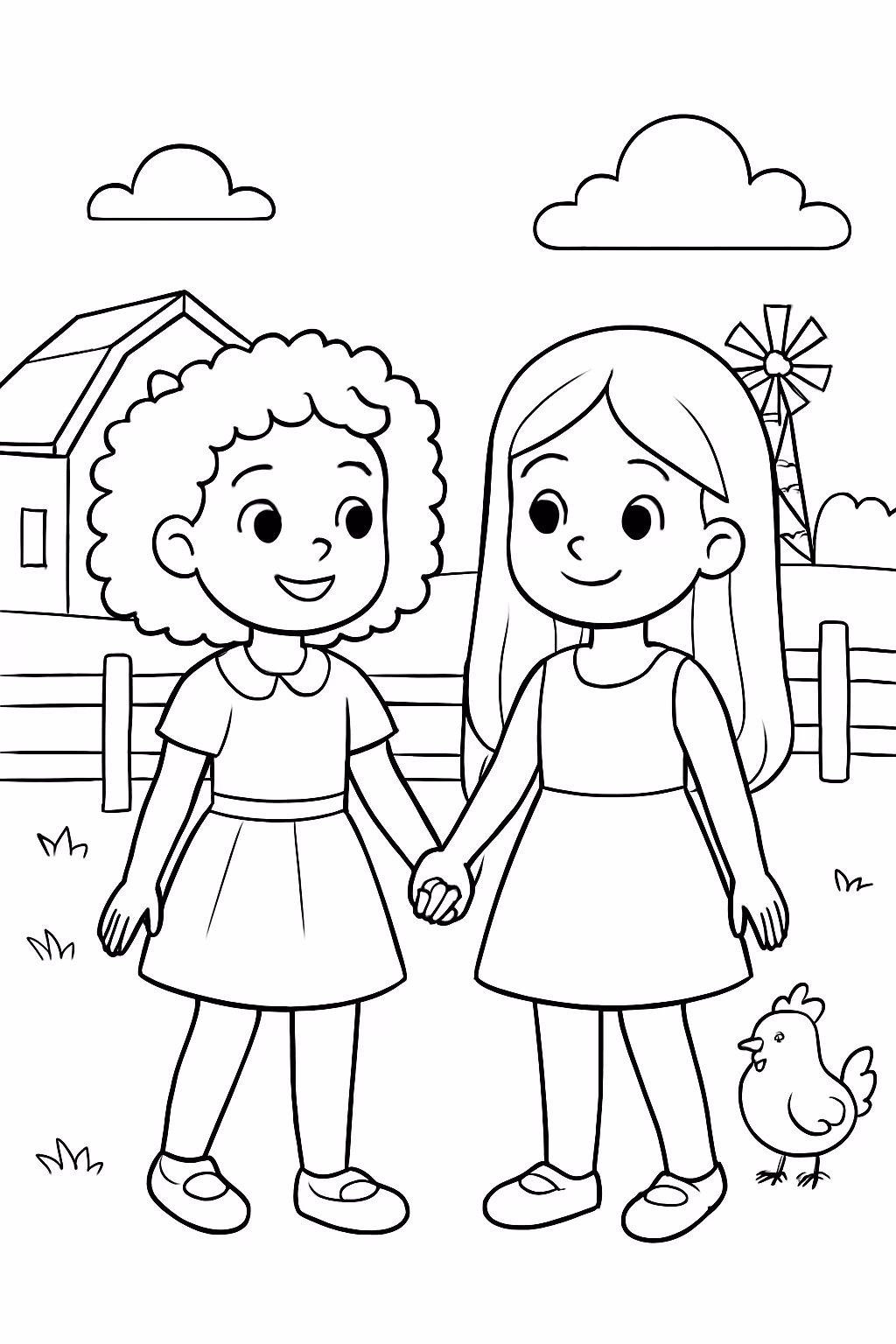 Menina cacheada menor que a menina de cabelo longos com para colorir — desenho para imprimir