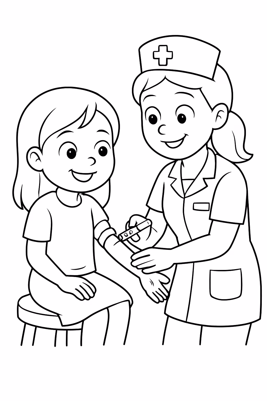 Menina chamada mayla fazendo exames de sangue com enfermira feliz para colorir — desenho para imprimir