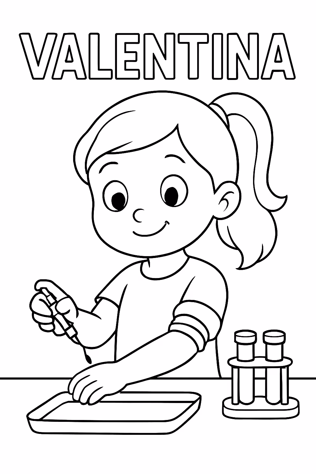 Menina coletando exames de sangue com o nome dela do para colorir — desenho para imprimir