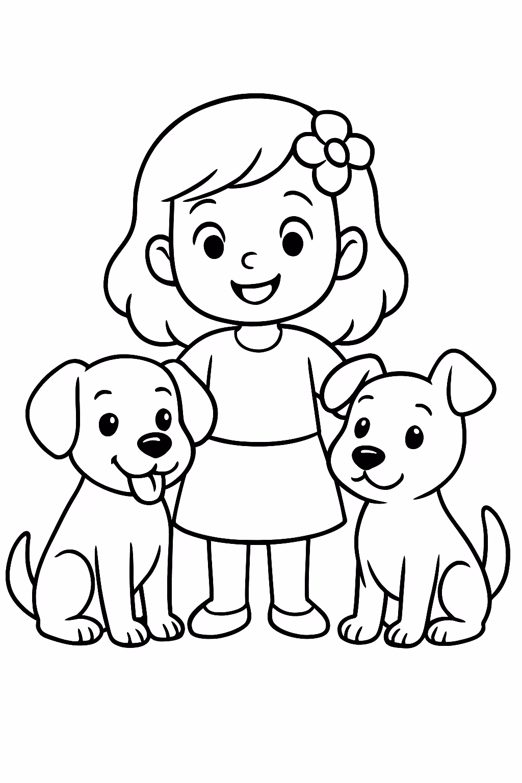 Menina com cachorras para colorir — desenho para imprimir