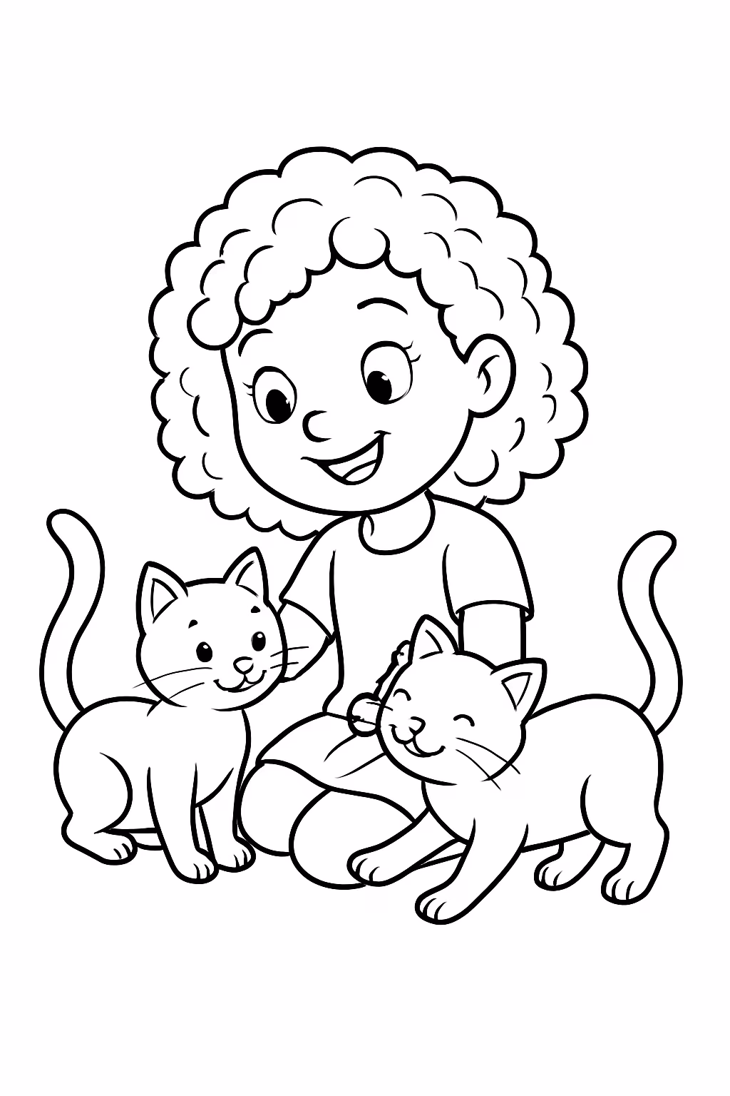 Menina com cabelo cacheado brincando com gatos para colorir — desenho para imprimir