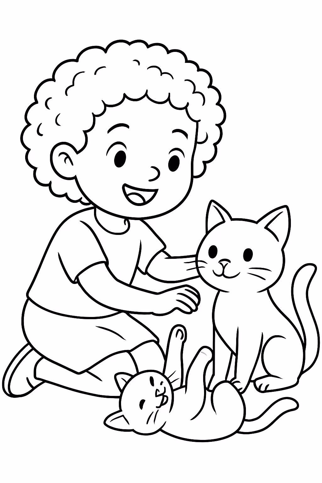 Menina com cabelo cacheado curto brincando com gatos para colorir — desenho para imprimir