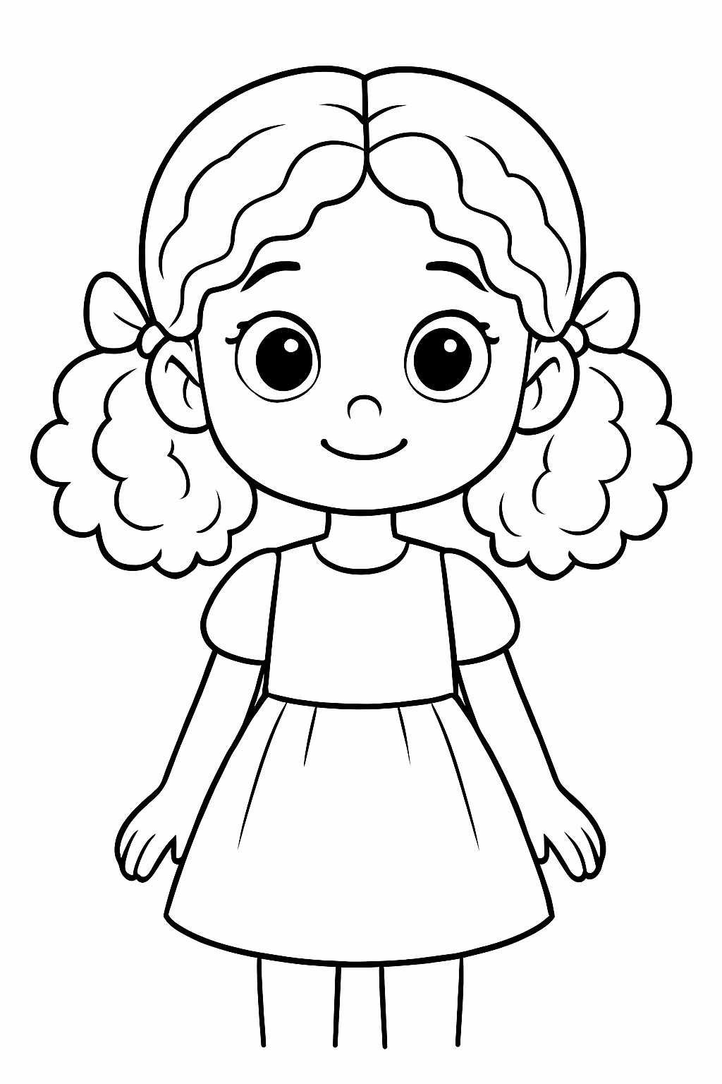 Menina com olhos graudos e cabelo cacheado partido ao meio para colorir — desenho para imprimir