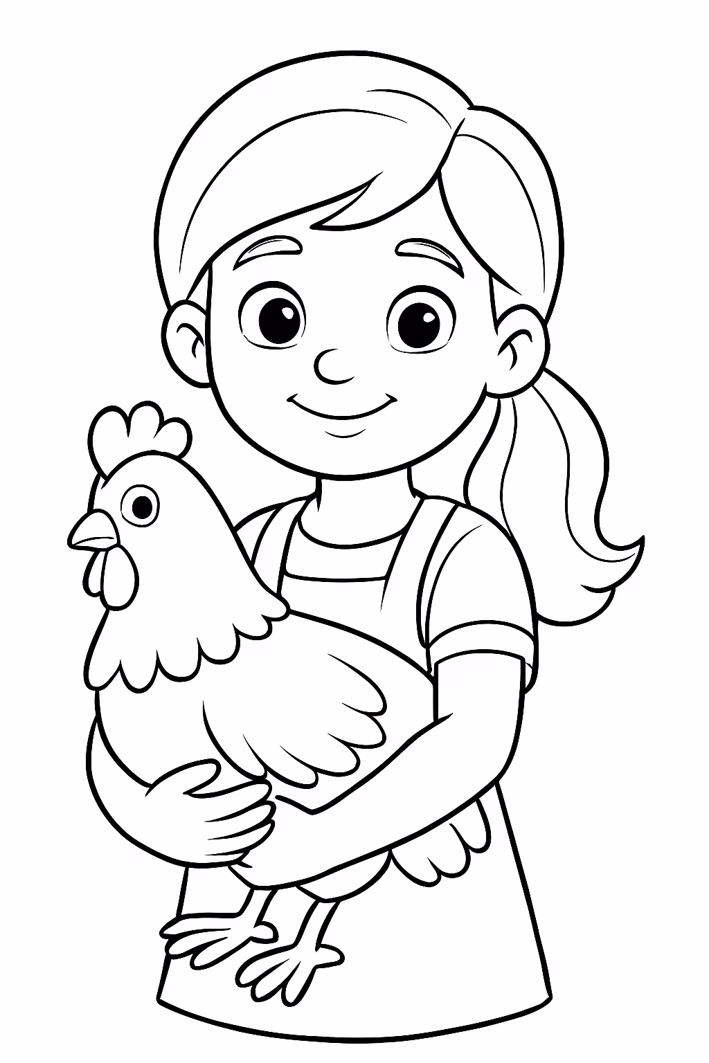 Menina com uma galinha para colorir — desenho para imprimir