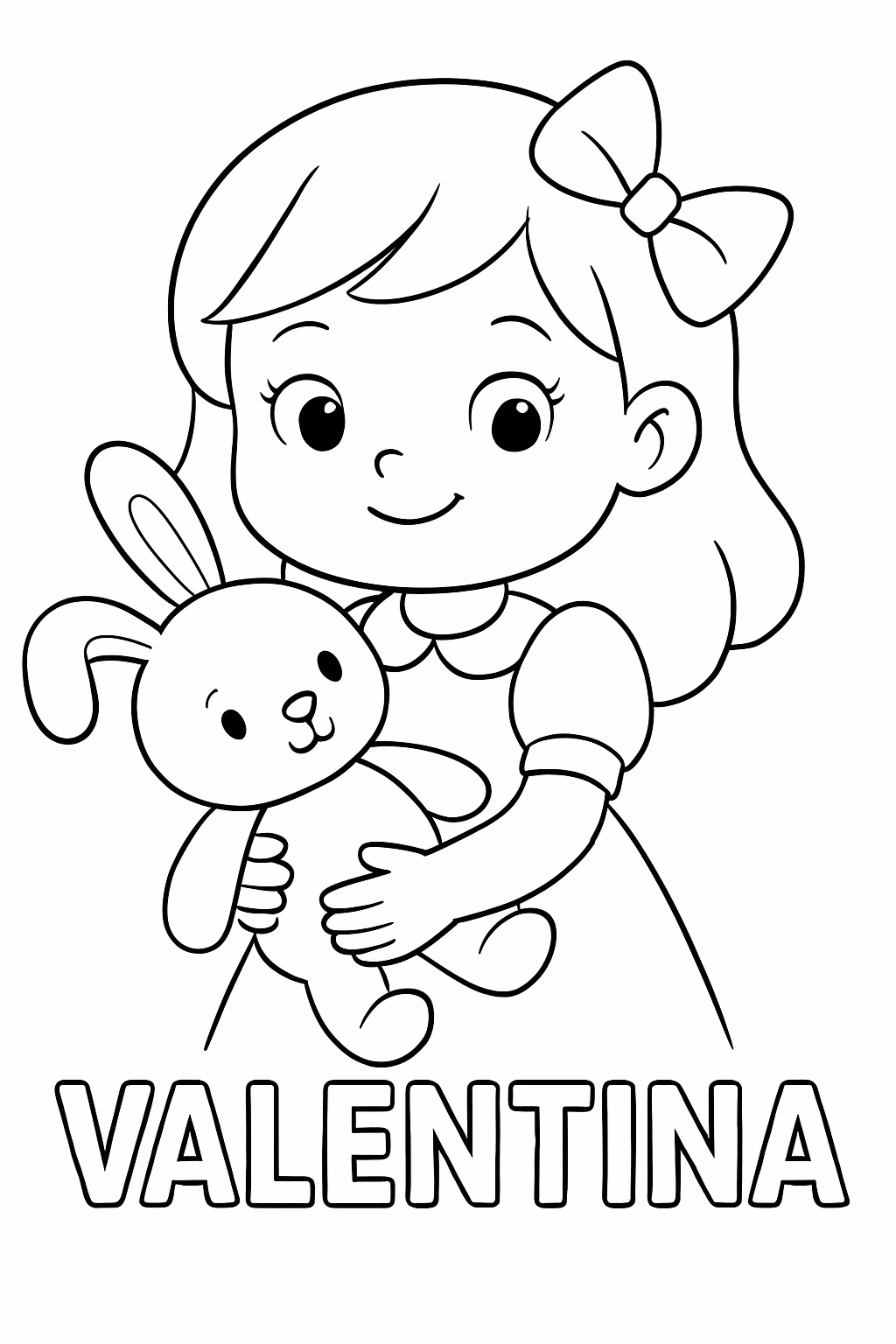 Menina com urso de coelho com nome valentina com certificado para colorir — desenho para imprimir