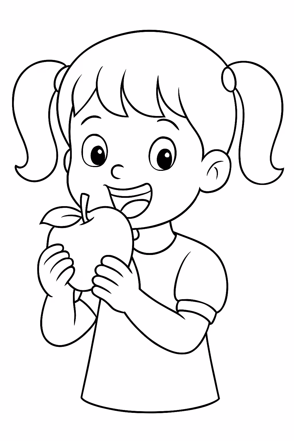Menina comendo maca para colorir — desenho para imprimir