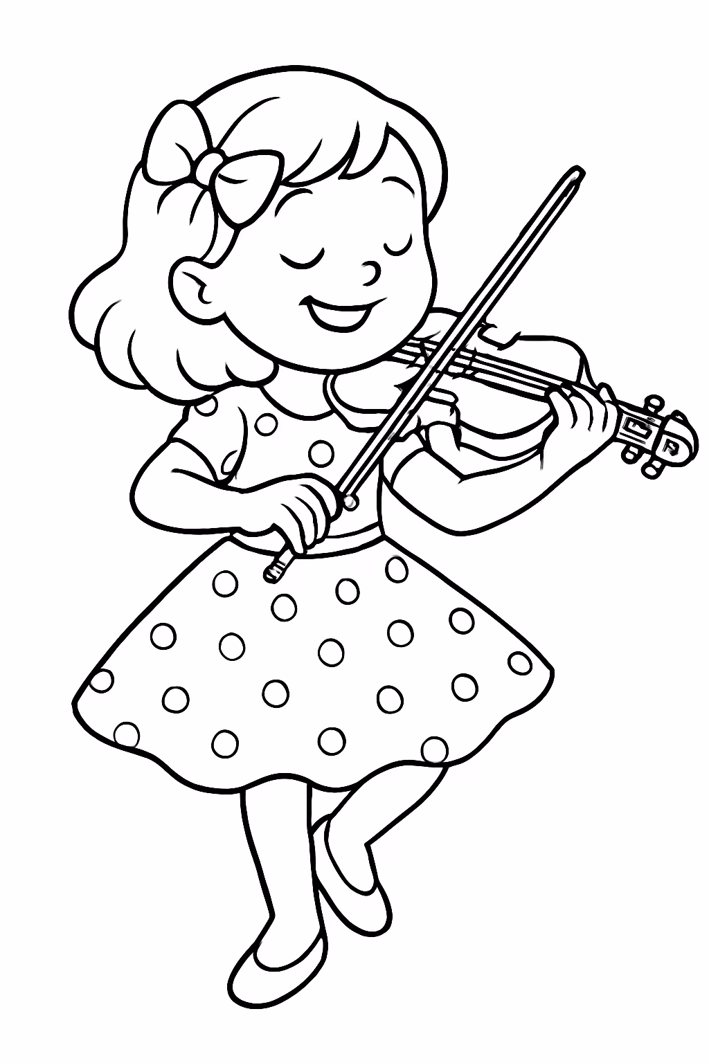 Menina dancando com vestido de bolinhas e tocando violino para colorir — desenho para imprimir