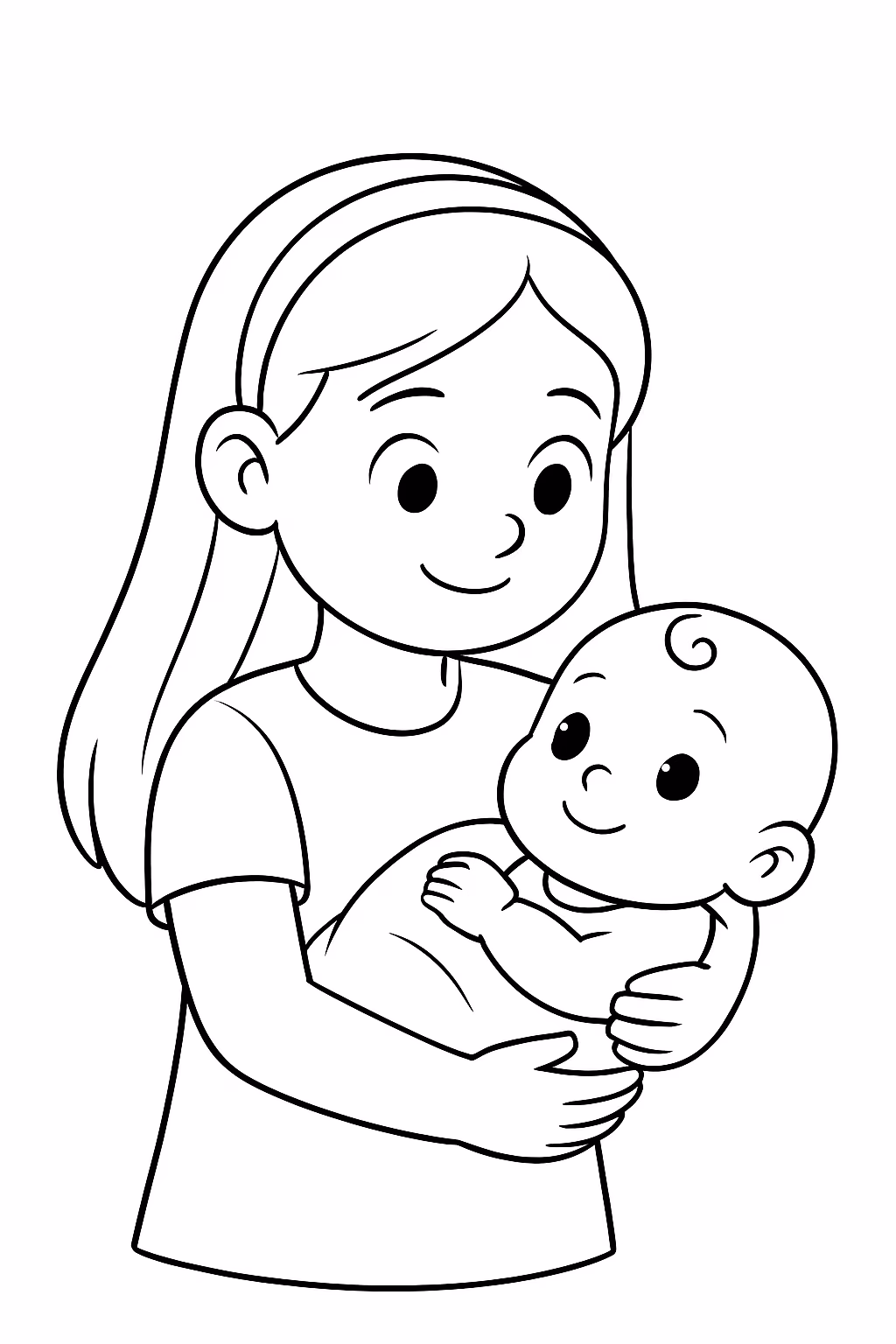 Menina de anos cuidando de uma bebe para colorir — desenho para imprimir