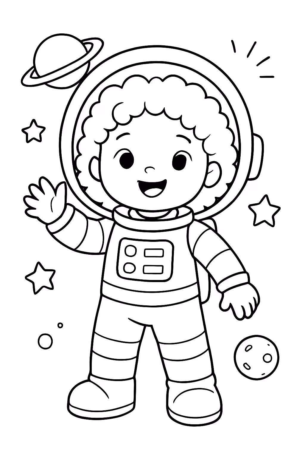Menina de anos com cabelo cacheado astronauta para colorir — desenho para imprimir