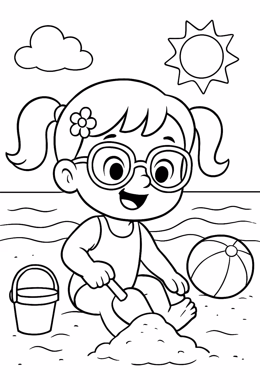 Menina de anos com oculos brincando na praia para colorir — desenho para imprimir