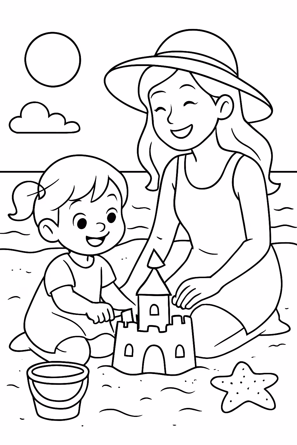 Menina de anos e a mae na praia para colorir — desenho para imprimir