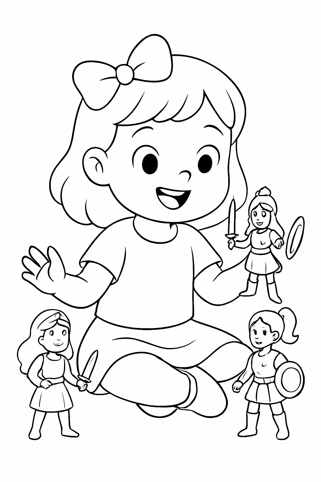 Menina de anos brincando com as guerreiras do pop para colorir — desenho para imprimir