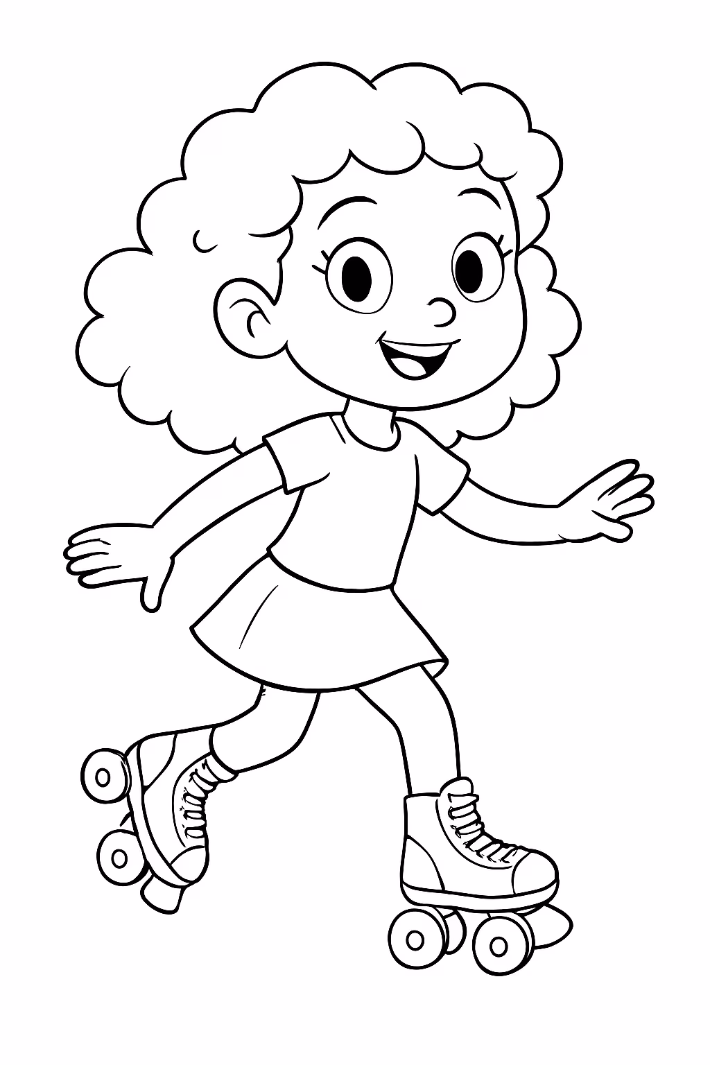 Menina de cabelo cacheado andando de patins para colorir — desenho para imprimir