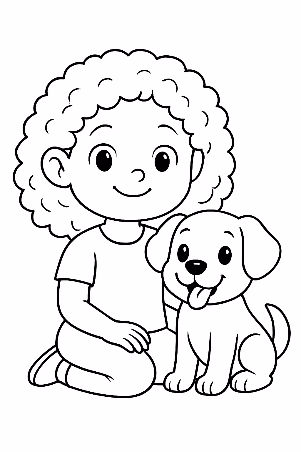 Menina de cabelo cacheado e uma cachorrinha para colorir — desenho para imprimir