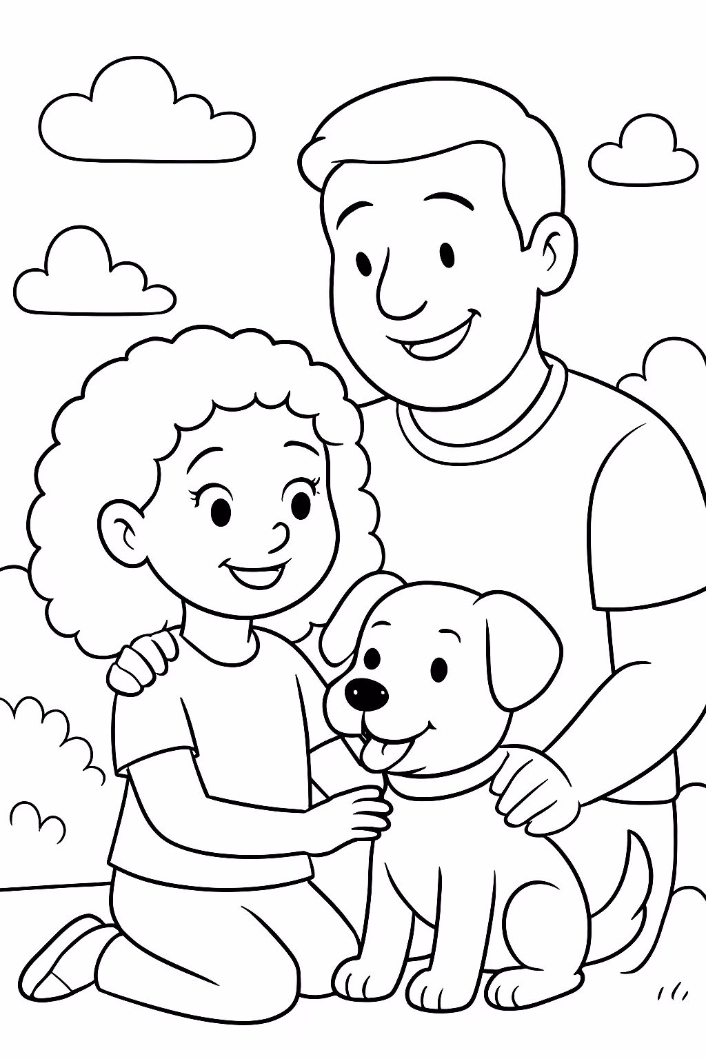 Menina de cabelo cacheado e uma cachorrinha e o pai para colorir — desenho para imprimir