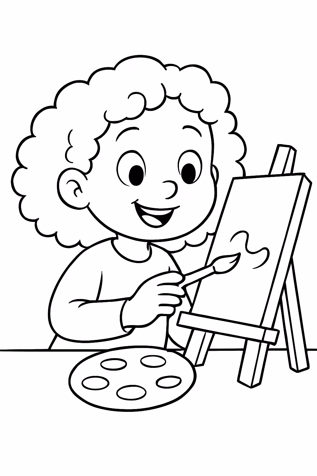 Menina de cabelos cacheados pintando para colorir — desenho para imprimir