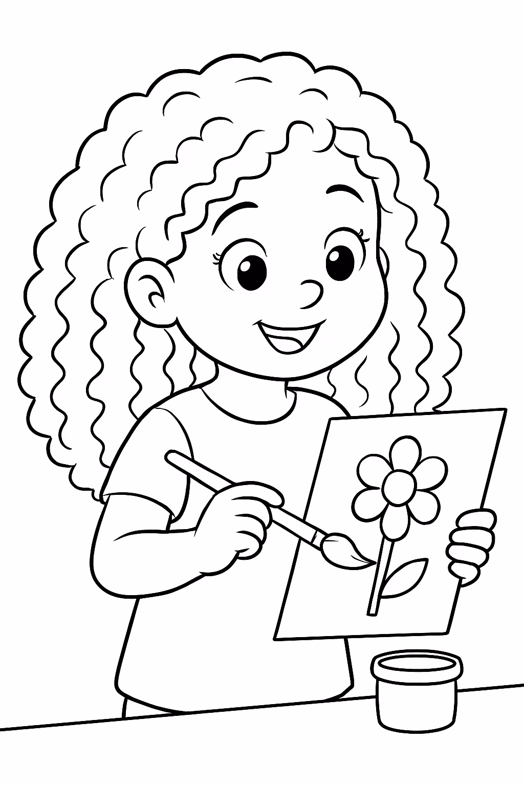 Menina de cabelos compridos cacheados pintando para colorir — desenho para imprimir