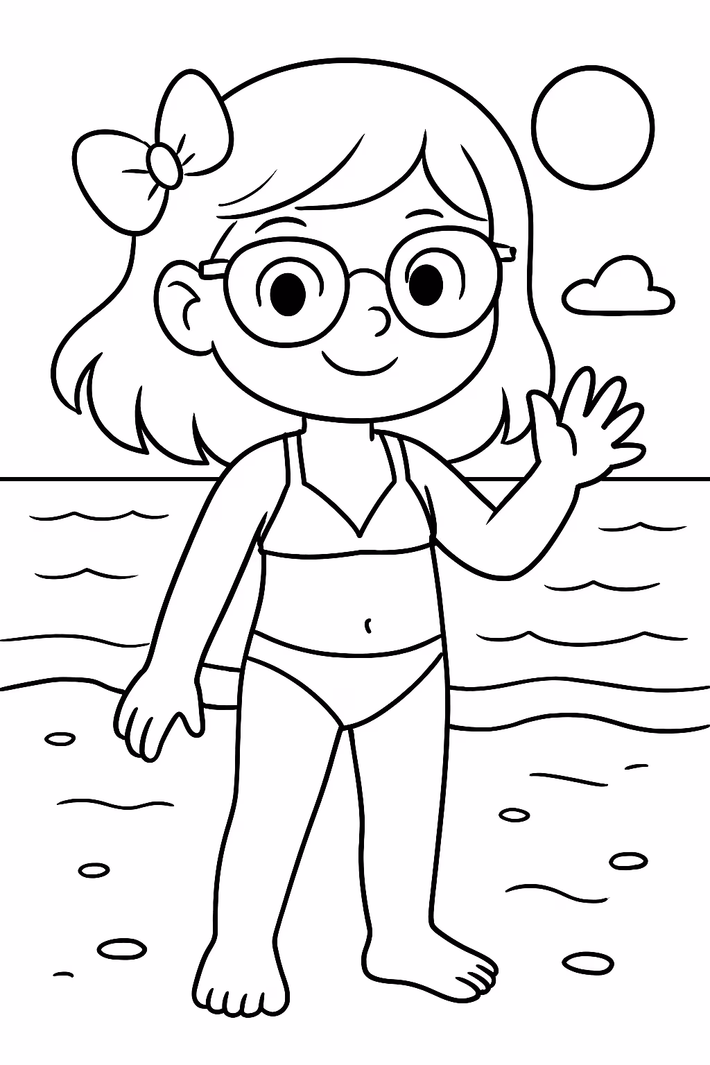 Menina de oculos e biquini na praia para colorir — desenho para imprimir