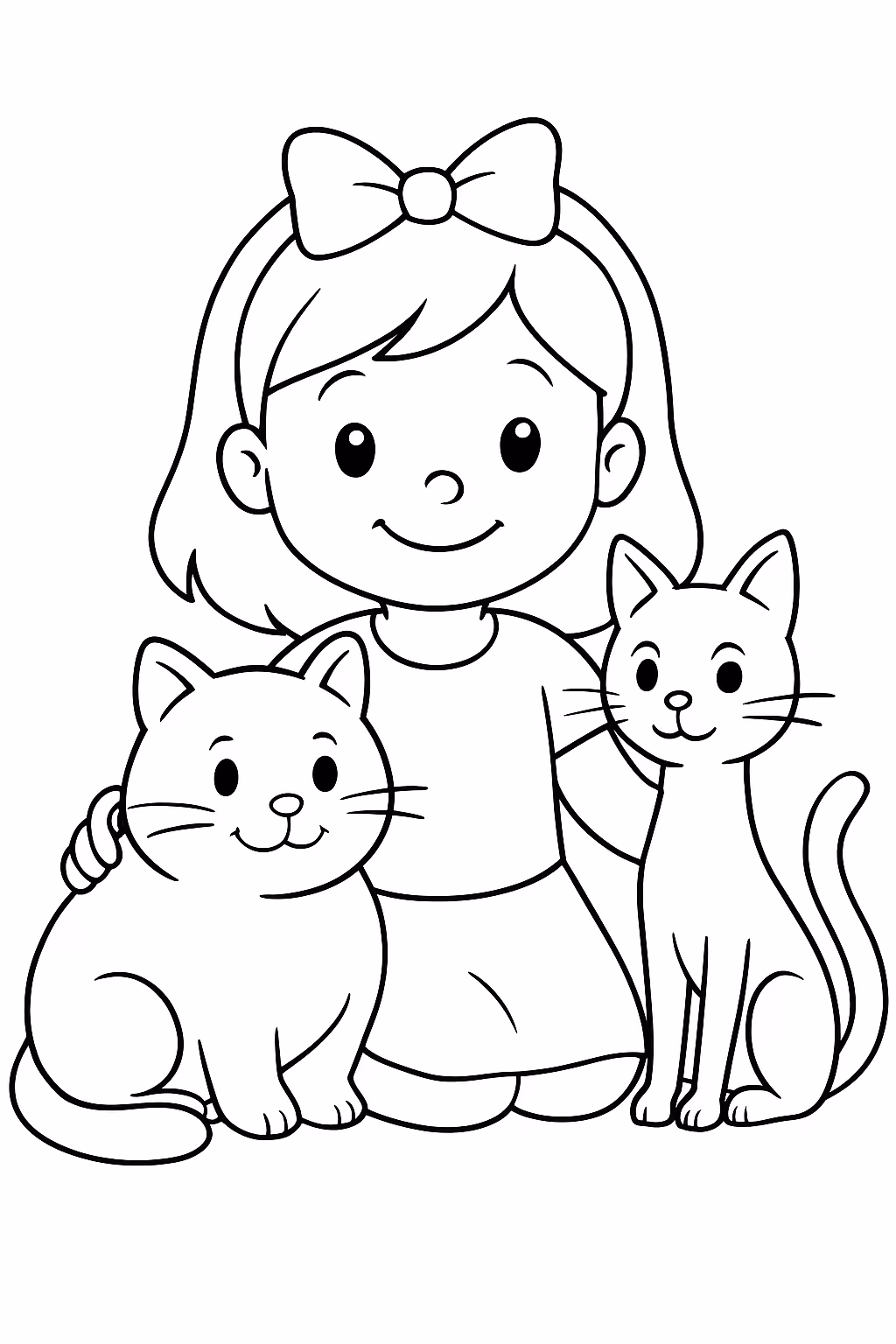 Menina e dois gatinhos um gatinho gordinho e um magrinho para colorir — desenho para imprimir