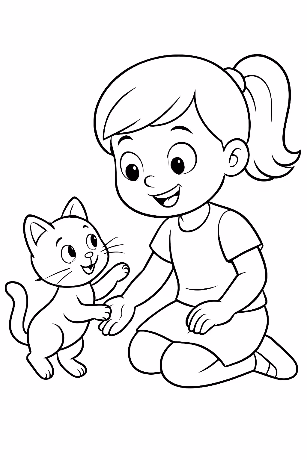 Menina e gatinho brincando para colorir — desenho para imprimir