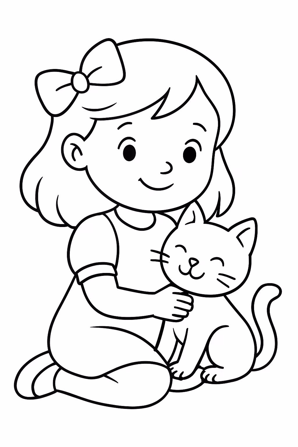 Menina e gatinho para colorir — desenho para imprimir