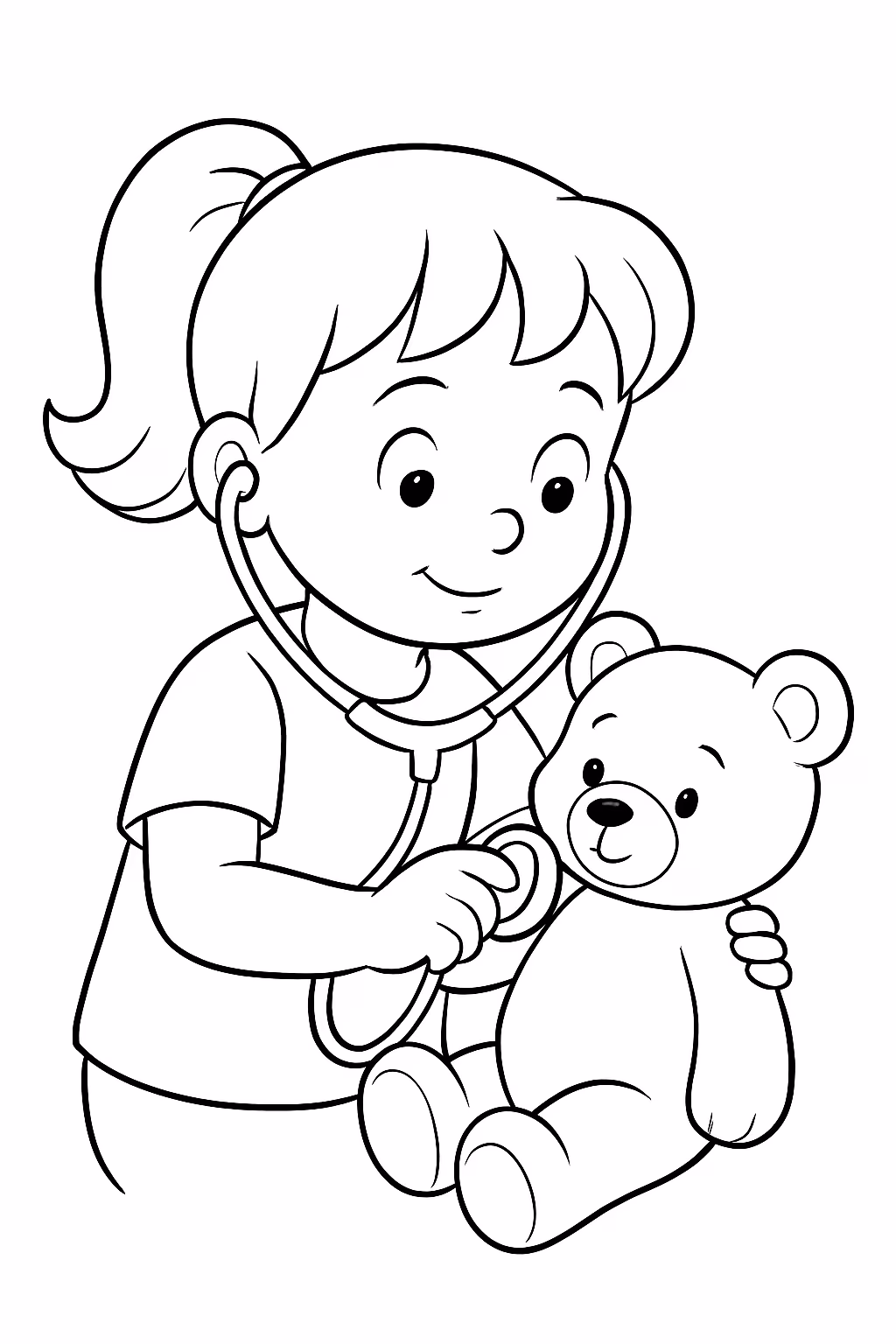 Menina examinando ursinho para colorir — desenho para imprimir