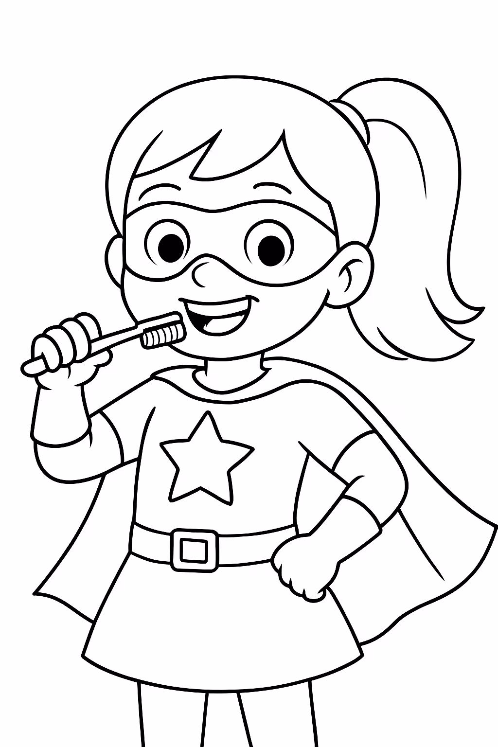 Menina feliz escovando os dentes e vestida de super heroina para colorir — desenho para imprimir