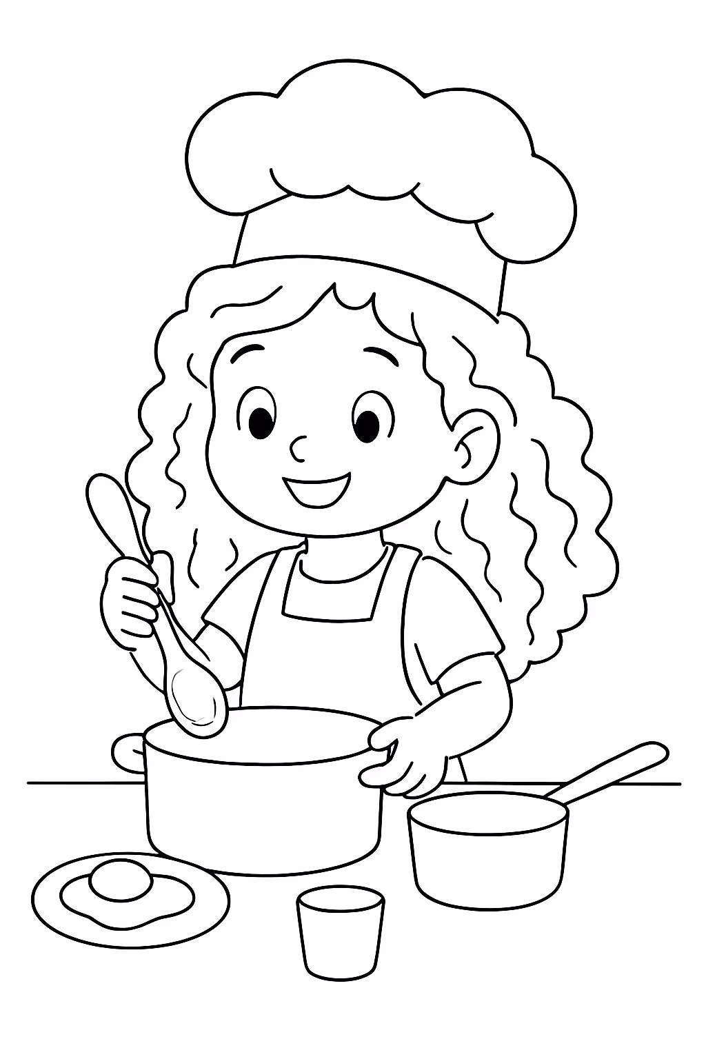 Menina japonesa de cabelo longo e cacheado brincando de cozinha para colorir — desenho para imprimir