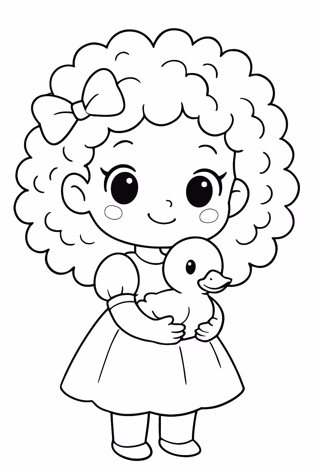 Menina kawaii cabelo cacheado com patinho para colorir — desenho para imprimir