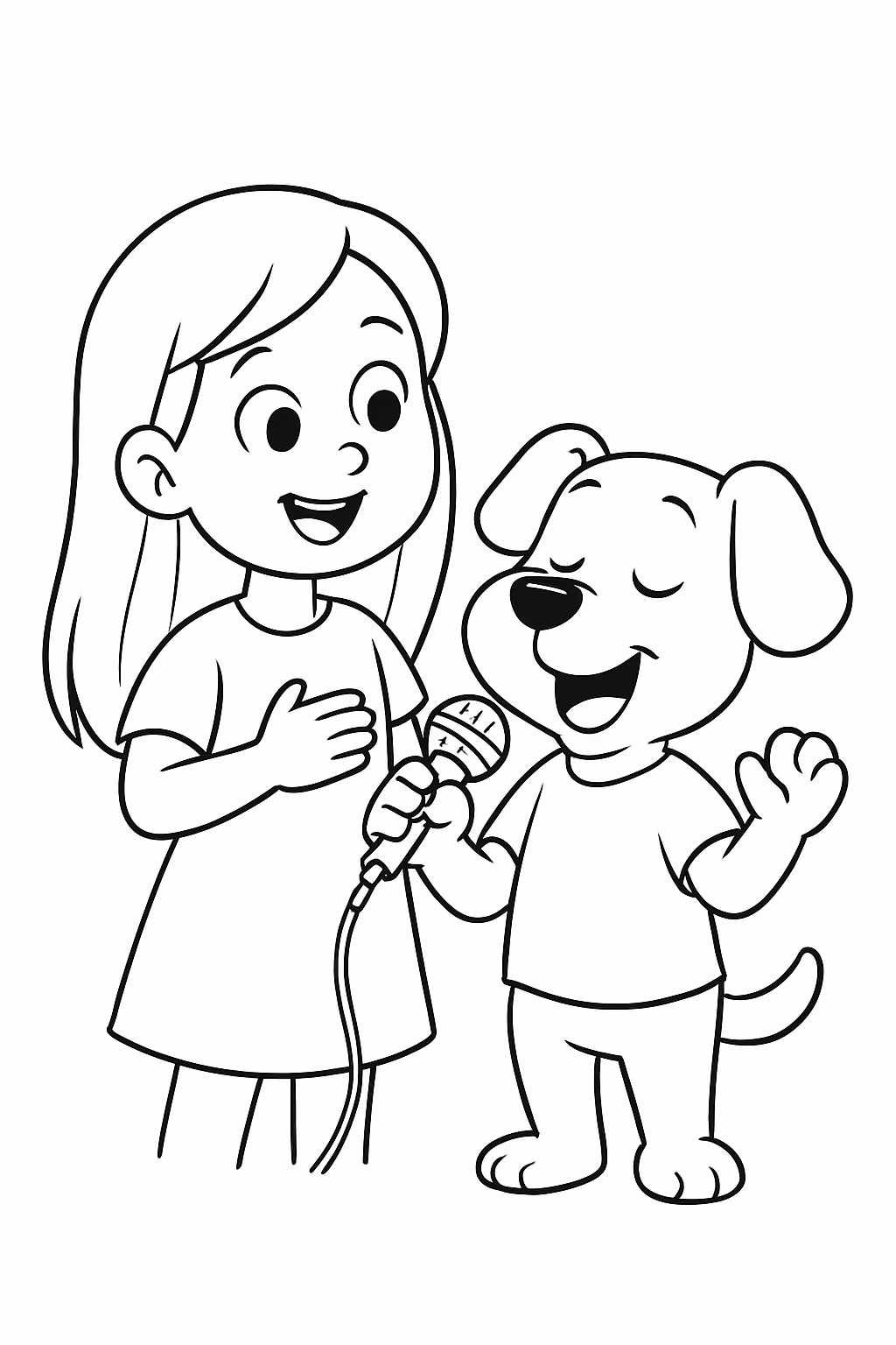 Menina meiga cabelos lisos e bluy cantando cantando caraok para colorir — desenho para imprimir