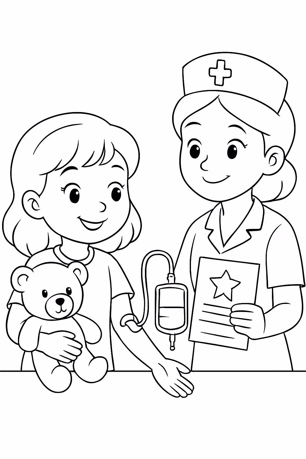 Menina menina co urso e enfer meira coletando sansue com para colorir — desenho para imprimir