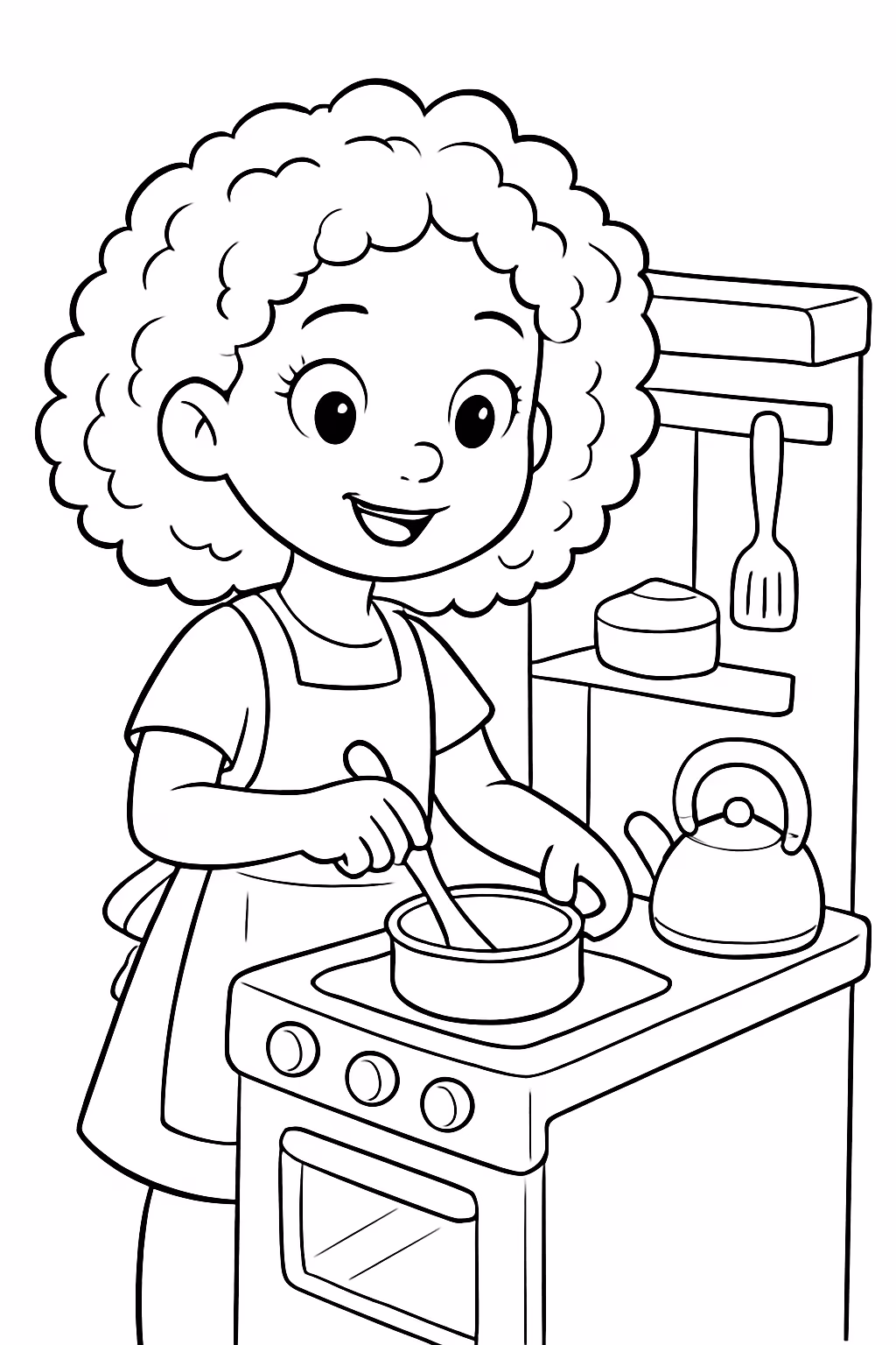Menina mestica de cabelo encaracolado brincando de cozinha para colorir — desenho para imprimir