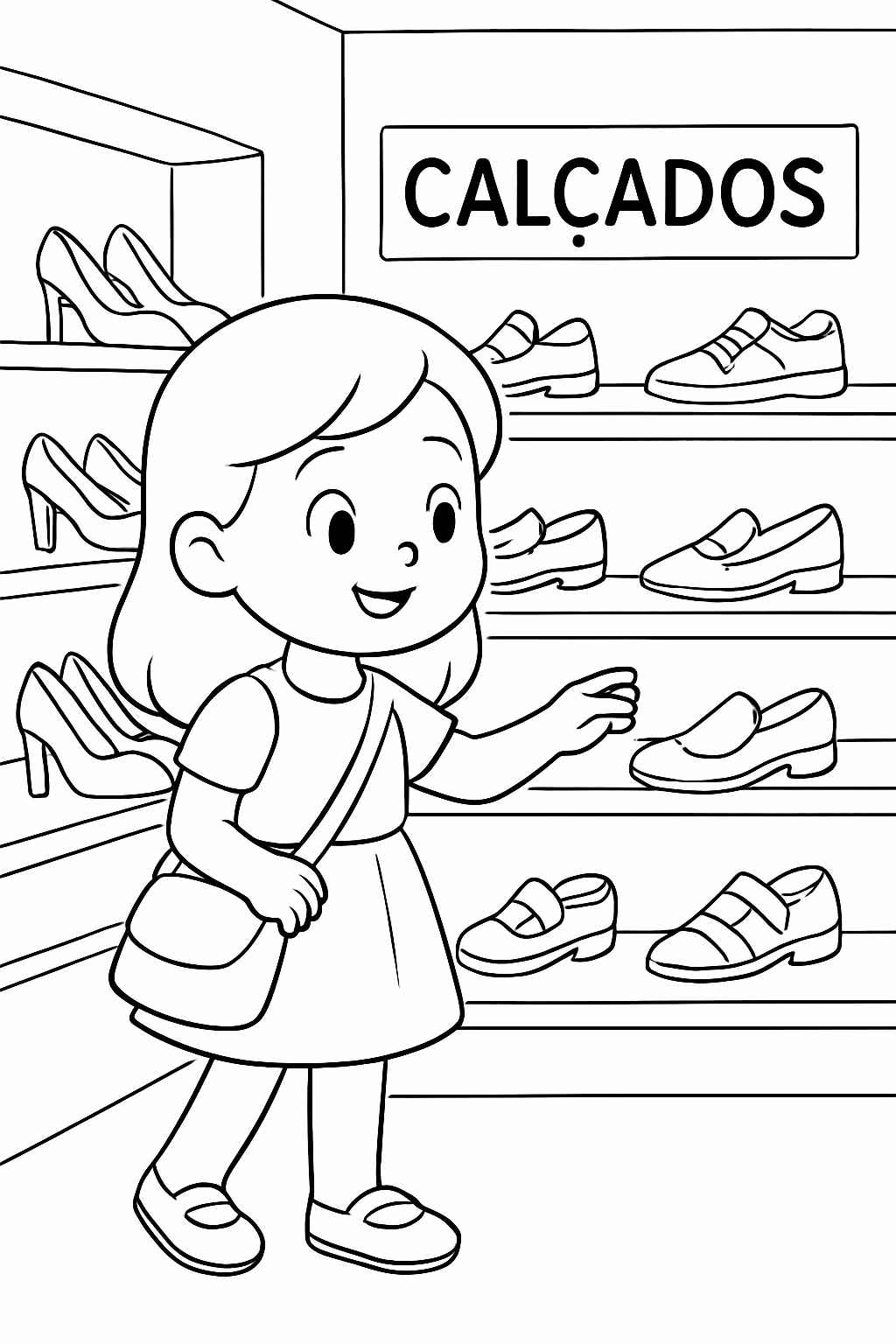 Menina na loja com o nome real calcados para colorir — desenho para imprimir
