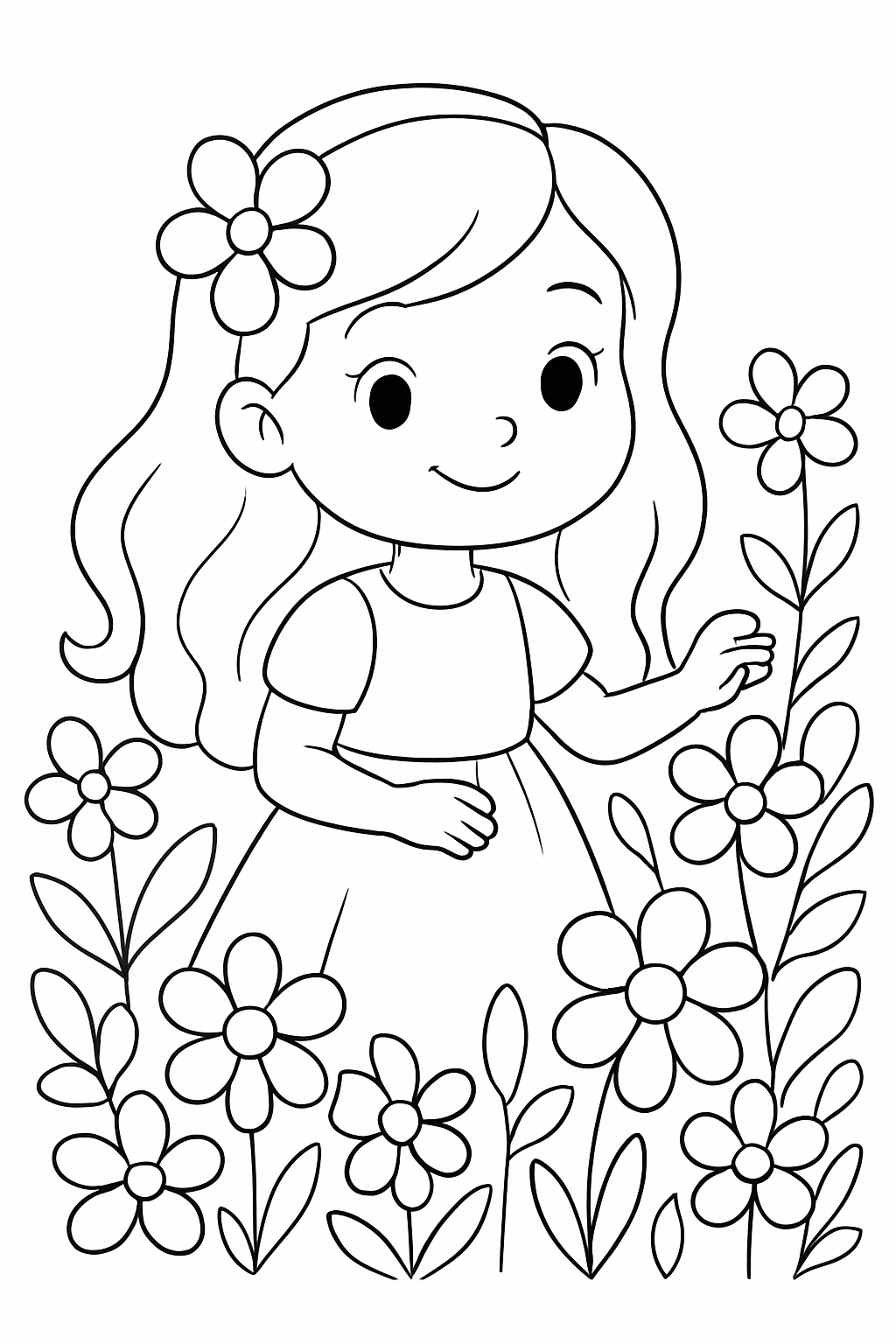 Menina nas flores para colorir — desenho para imprimir