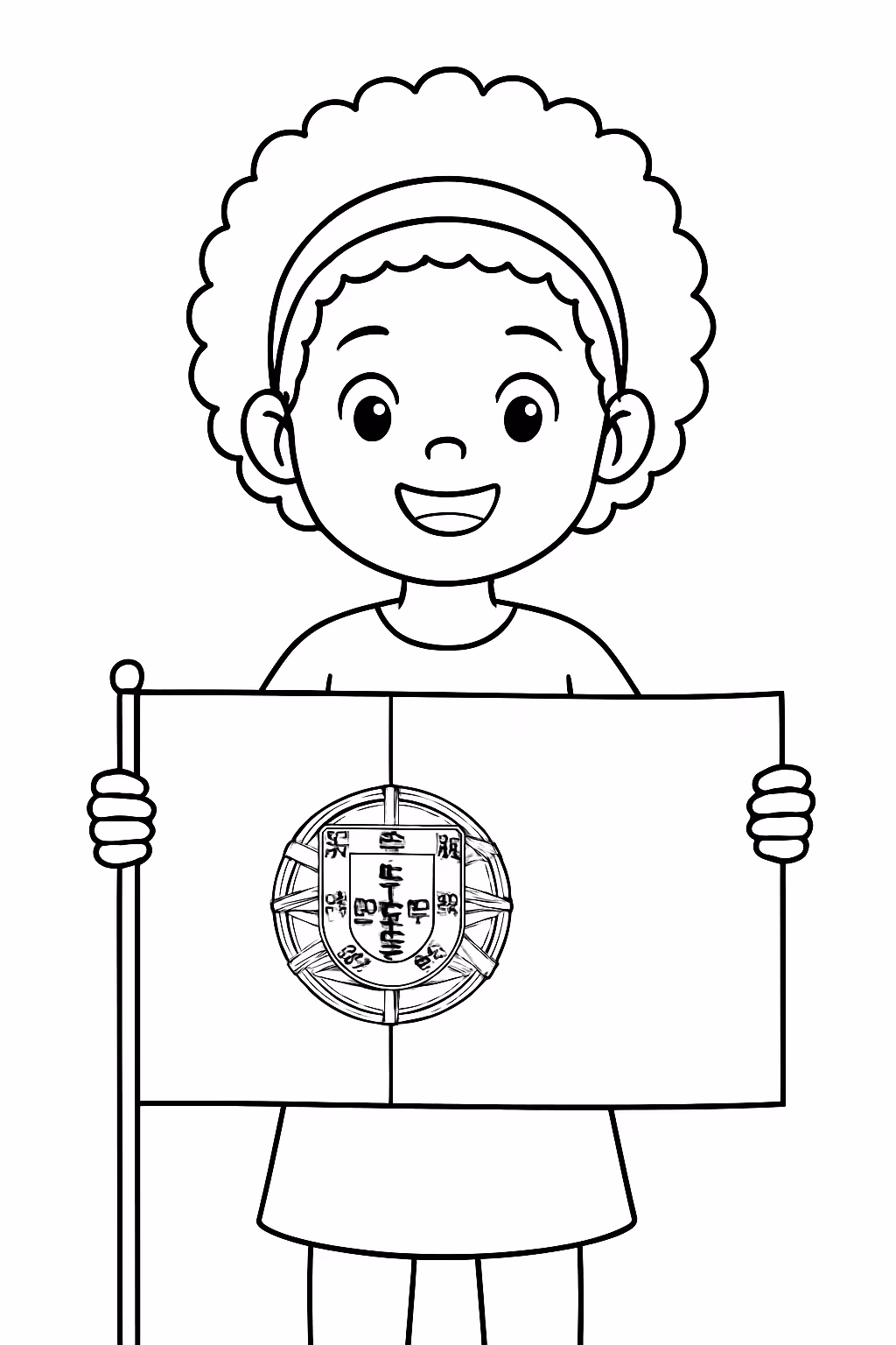 Menina negra segurando bandeira de portugal com duas maos para colorir — desenho para imprimir
