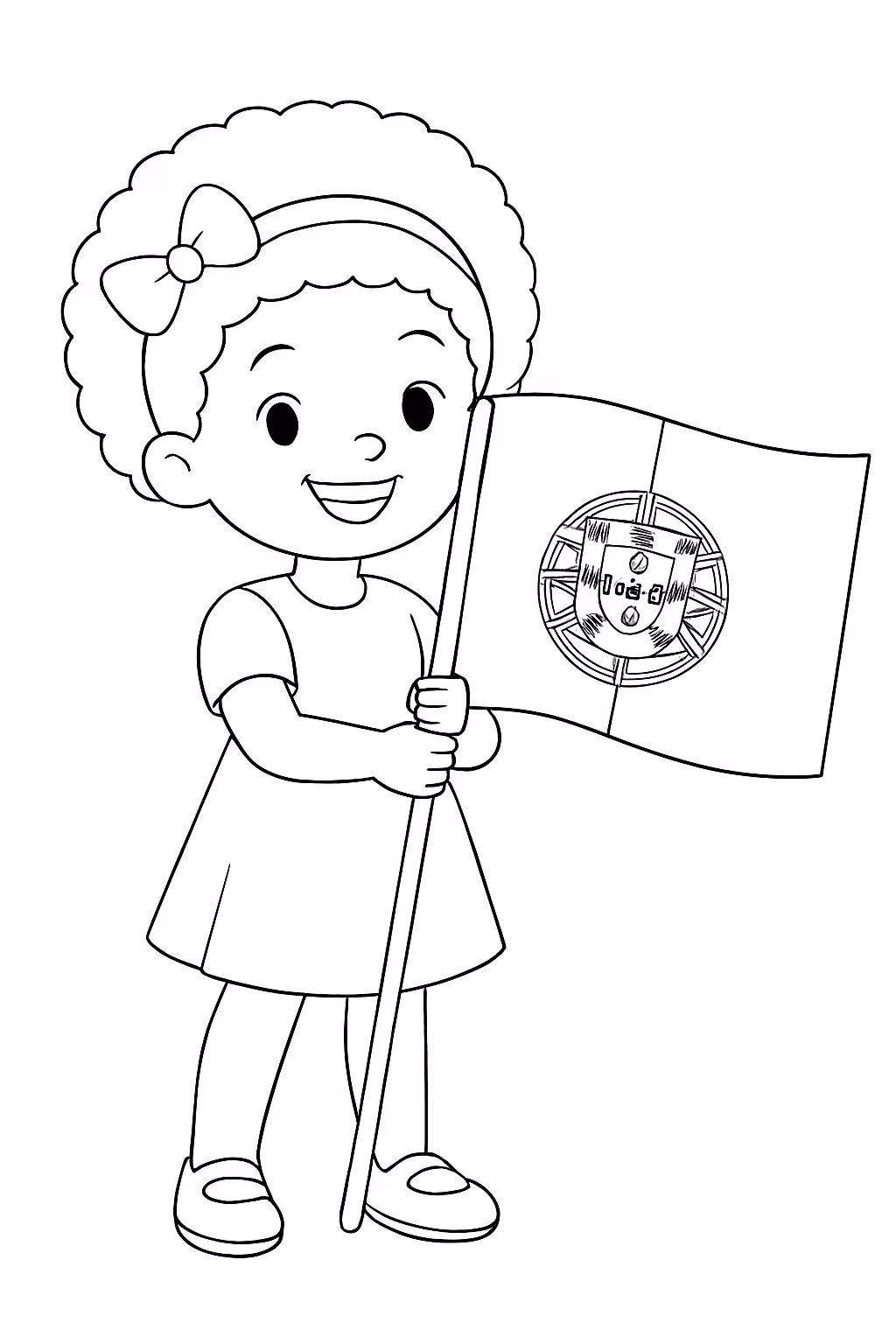 Menina negra segurando bandeira de portugal grande para colorir — desenho para imprimir