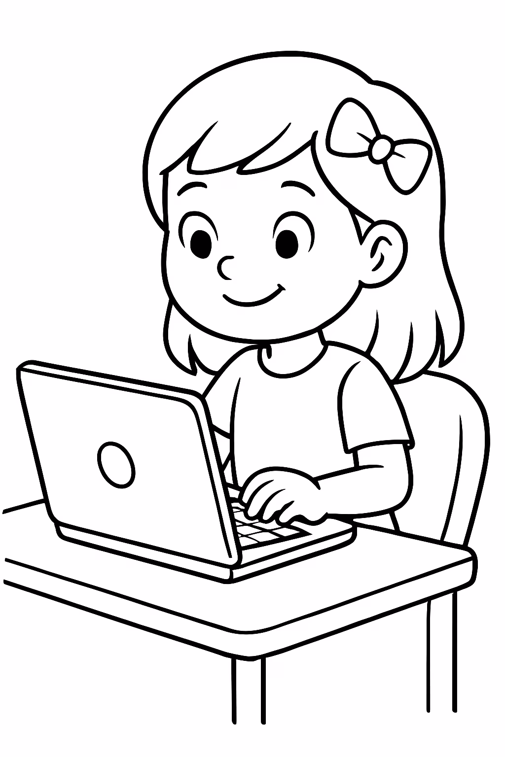 Menina no computador para colorir — desenho para imprimir